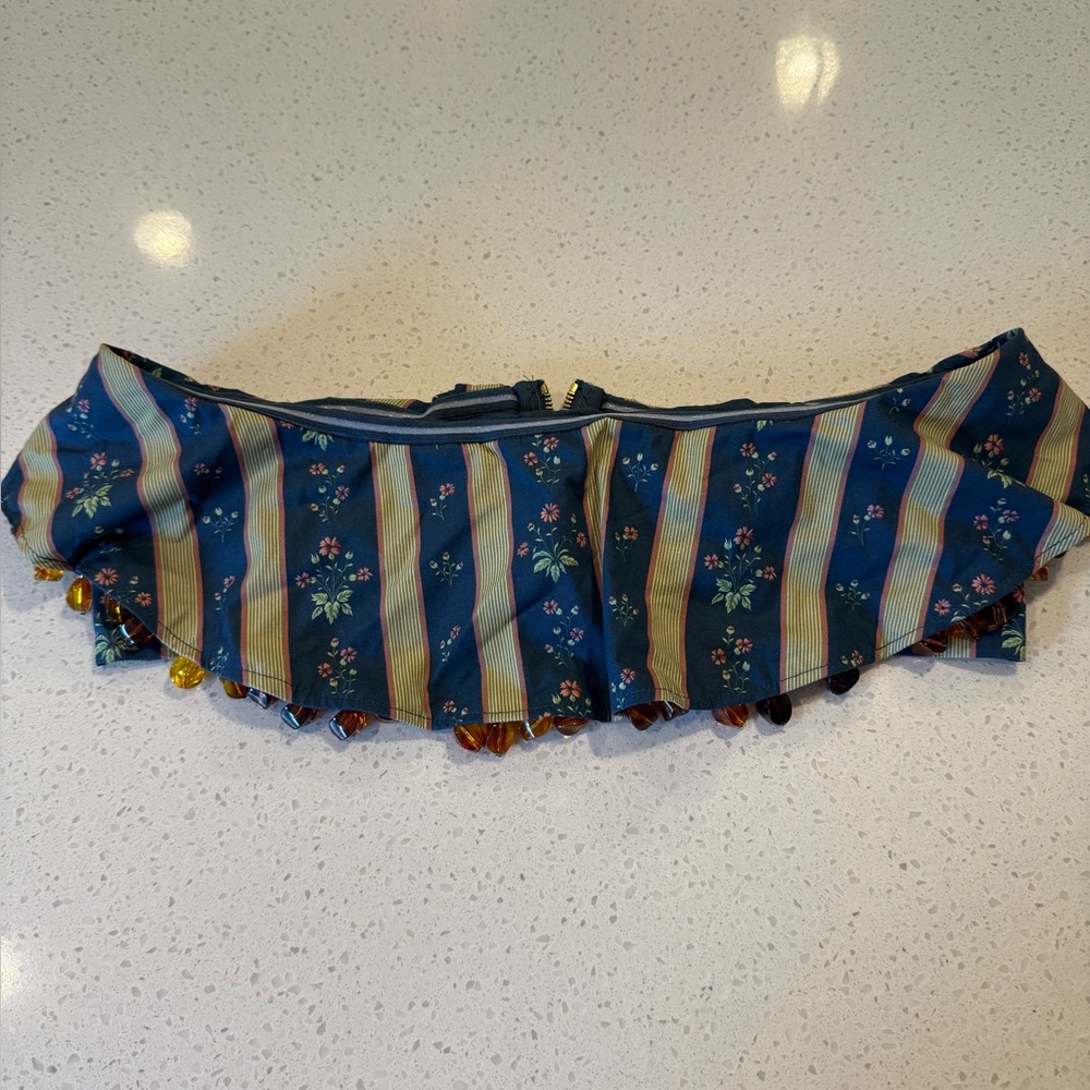 NWT WeWoreWhat Ruffle Beaded Floral Stripe Deep Storm Bandeau Size 12 Denim $89 - Picture 15 of 15